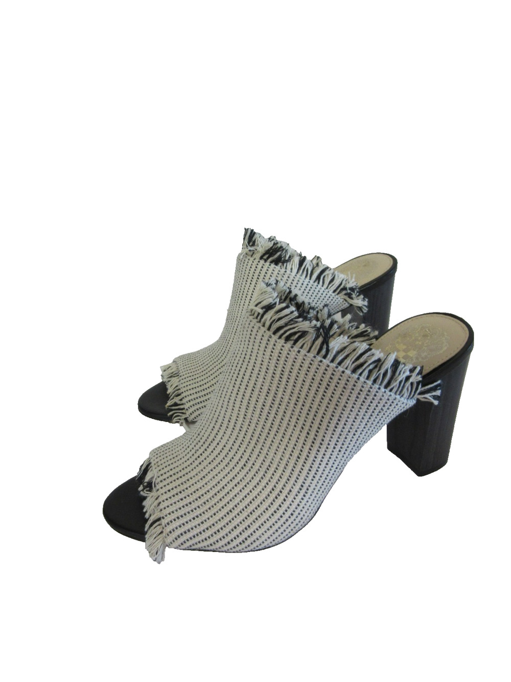 VINCE CAMUTO Chestalan Black & White 7M Fringe Peep Toe Heeled Mules